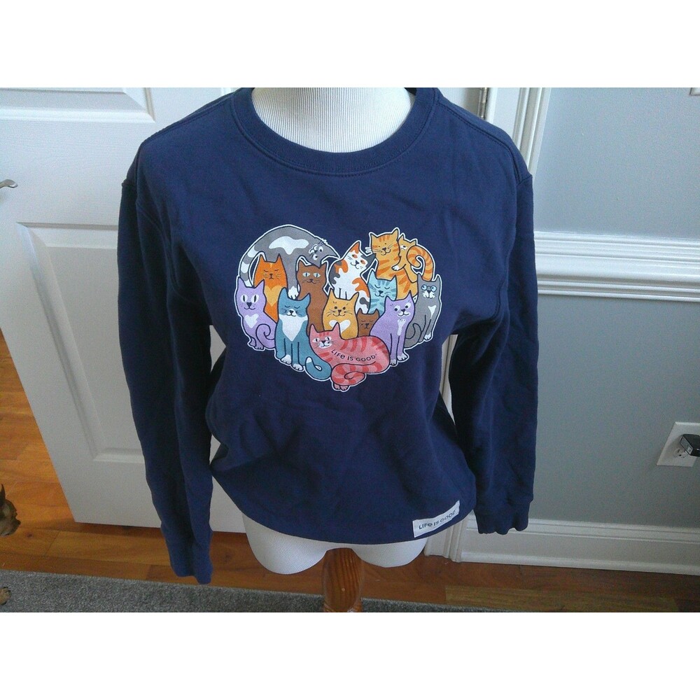 Life Is Good  Spread Good Vibes Navy Sweatshirt  Cat Heart  Size Small